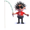 3d cartoon rotten punk rocker character fishing