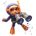 3d cartoon scuba snorkel diver using a binoculars underwater