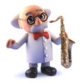 Crazy cartoon mad scientist character in 3d playing a saxophone