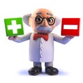 Mad scientist cartoon character in 3d holding a plus and minus symbol