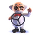 3d mad scientist cartoon character with a steering wheel Royalty Free Stock Photo