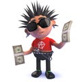 Rich punk rock cartoon character in 3d holding wads of US dollar bills