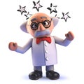 Stunned 3d cartoon mad scientist character with stars round his head