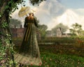 Jane Austen style woman strolling countryside