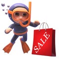 Funny cartoon scuba snorkel diver in 3d watchs a shopping sale bag sink Royalty Free Stock Photo