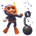 Funny 3d cartoon scuba snorkel diver character watching a ball and chain sink in the sea