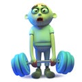Stupid undead zombie monster getting in shape lifting weights, 3d illustration