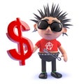 Vicious punk rock character holding a US Dollar currency symbol, 3d illustration