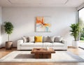 Rendered interior design of a contemporary living room with a modern wall