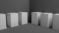 Set of white podiums for presentations in a studio environment.