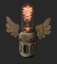 Rendered steampunk style Edison lamp with decorative wings and c