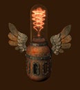 Rendered steampunk style Edison lamp with decorative wings and c