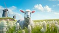 Rendered Texel Sheep In Dutch Landscape With Windmill