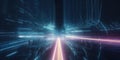 Rendering of abstract highway path through digital binary towers. Concept of big data, machine learning. Generative AI Royalty Free Stock Photo