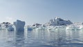 Rendering of antarctic landscape with floating ice mountains and mountain range