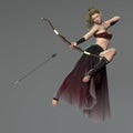 Rendering of beautiful fantasy woman archer leaping into the air shooting an arrow Royalty Free Stock Photo