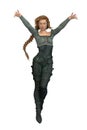 CG female fantasy style huntress witch character with hands raised in the air