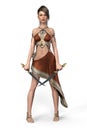 Rendering of a beautiful woman in a goddess style costume holding two swords