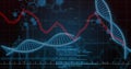 Rendering blue DNA helices on grid display, with hexagon icons, red graph, numeric code overlays Royalty Free Stock Photo
