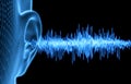 Wireframe human ear with sound waves - 3D illustration