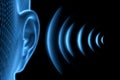 Wireframe human ear with sound waves - 3D illustration