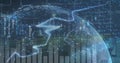 Rendering central digital globe in network UI, with glowing data nodes, binary code and bar graphs Royalty Free Stock Photo
