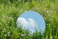 Rendering of circular mirror reflecting single white cloud and surrounded by flower nature style concept
