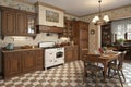 Rendering of a classic kitchen in the American style 3D illustration Royalty Free Stock Photo
