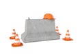 Rendering of construction cones, orange helmet and concrete barrier, isolated on white background.