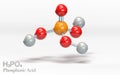 H3PO4 Phosphoric acid. Molecule with hydrogen, phosphorus and oxygen atoms. 3d rendering