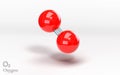 O2 oxygen. Molecule with oxygen and atoms. 3d rendering