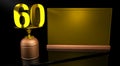 Rendering 3D Wooden trophy with number 60 in gold and golden plate with space to write on mirror table in black background.