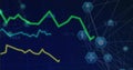 Rendering dashboard visualizing trend lines on dark blue grid, with interconnected hexagonal icons Royalty Free Stock Photo