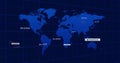 Rendering digital world map shapes over navy grid background, with floating numeric data labels Royalty Free Stock Photo