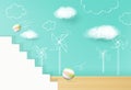 Rendering empty wooden floor scene with windmill and cloud background for products presentation Royalty Free Stock Photo