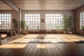 Rendering of an empty yoga room. Sunny day