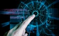 Rendering of a futuristic cyber background target and finger ind