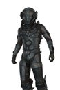 Rendering futuristic space explorer in protective metal suit, cropped isolated