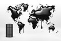 Rendering of geographical mapcolored in black and oil barrel on the white background