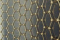 Rendering gold nanotechnology hexagonal geometric form close-up, concept graphene atomic structure, molecular