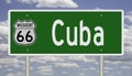 Road sign for Cuba Missouri on Route 66