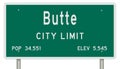 Butte road sign showing population and elevation