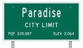 Paradise road sign showing population and elevation