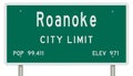 Roanoke road sign showing population and elevation
