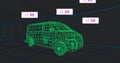 Rendering green wireframe van rotating in virtual tunnel viewport, with teal grid and HUD panels Royalty Free Stock Photo