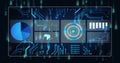 Rendering grid showing pie chart, world map, radar, bar, line charts, circuit traces, binary digits Royalty Free Stock Photo