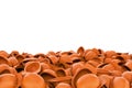 Rendering heap of orange building helmets isolated on the white background