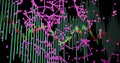 Rendering magenta network graph overlay on dashboard with green bars, magenta dots, red green line Royalty Free Stock Photo