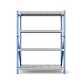 Rendering of metal rack with four shelves, isolated on a white background