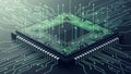 Rendering of a microchip with an intricate network of green circuits extending Royalty Free Stock Photo